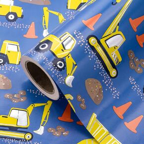 WRAPAHOLIC Construction Wrapping Paper Roll - Mini Roll - 17 Inch x 16.5 Feet - Silver Foil Digger Tractor Truck Design Perfect for Kids Boys Birthday, Baby Shower
