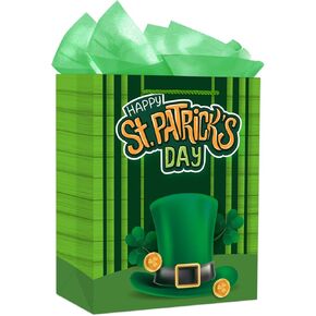 D4DREAM St. Patricks Day Gift Bag with Tissue Paper 11.5"Large Irish Shamrock Paper Gift Bag Green Clover Happy St. Patrick's Day Wrapping Gift Bags with Handle for Kids Classroom Party Favor Supplies