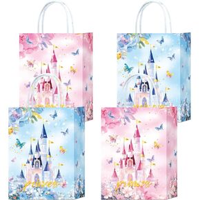 W WINTMING 20Pcs Princess Prince Party Favor Bag Blue Pink Castle Goodie Bag with Handles Butterfly Party Bag for Baby Shower Birthday Gender Reveal Party (Blue-castle)
