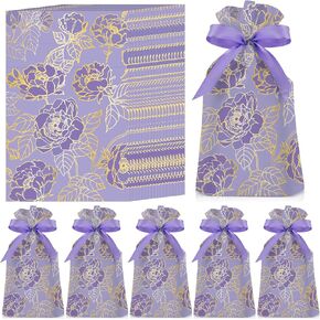 Pasimy 50 Pcs Purple Rose Gift Bags Purple Drawstring Flower Candy Gold Purple Plastic Treat Purple Flower Favor Bags for Women Girl Birthday Party Supplies