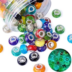 Beadthoven 100pcs Glow in The Dark Beads Handmade Luminous Lampwork Style Large Hole European Beads with Silver Tone Brass Cores Mixed Color Rondelle Glass Beads 14x9-10mm Hole: 5mm