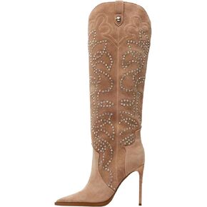 المرأة أحذية رعاة البقر واسعة العجل خنجر الأحذية للنساء حذاء برقبة للركبة موضة أشار تو الجانب سستة أحذية عالية الكعب in Kuwait