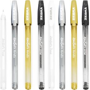Zebra Doodler'z Stick Ballpoint Pen - 1.0mm - Glitter/Metallic/Pastel - Black, Gold, Silver, White - Pack of 8
