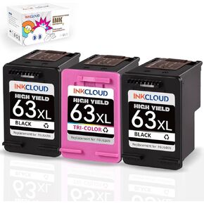 INKCLOUD Compatible Ink Cartridges Replacement for HP 63 Ink 63XL for HP 3830 4650 4655 5255 5258 4520 4512 4513 4516 1112 3630 2132 Printer(2 Black, 1 Tri-Color)