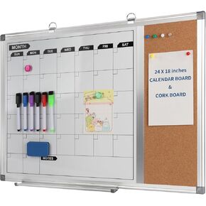 Dry Erase Calendar Board for Wall, 24"x18" Magnetic Whiteboard Calendar with Cork Board, Aluminum Frame Memo Message Board for Home, Office, School, Kitchen
