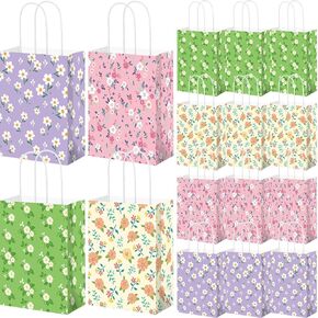 Affrolling 48 Pieces Flower Gift Bags Bulk Spring Gift Bags with Handle Floral Treat Bags Tea Party Gift Bags Flower Candy Goodie Bags for Spring Mother's Day Party Decorations