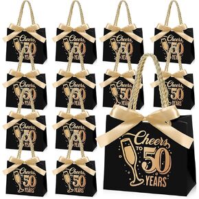 Clysee 25 Pcs 50th Birthday Gift Bags with Handles Black and Gold Party Favor Bags Bulk for Birthday Wedding Anniversary Supplies Decorations Cheers to 50 Years, 5.51 x 2.36 x 4.72 Inches