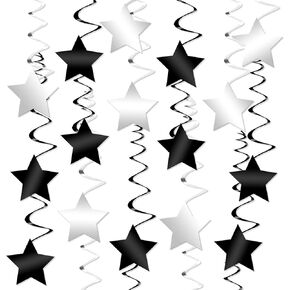 KatchOn, Black and Silver Star Hanging Swirls- Pack of 32 | Black and Silver Party Decorations | Graduation Decorations Class of 2025 | Black and White Party Decorations | Graduation Decorations 2025
