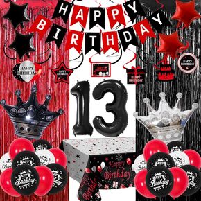 16th Birthday Decorations for Boys and Girls Red Black, Sweet 16 Party Decorations-Happy 16th Birthday Banner Number 16 Balloon Foil Crown Balloon Hanging Swirls Fringe Curtains Tablecloth