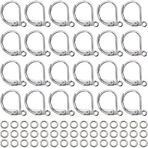 TOAOB 100pcs Stainless Steel Leverback Earring Hooks 10x15mm Hypoallergenic French Earring Hooks Silver Interchangeable Dangle Ear Wires Clip Earring Connector with Jump Rings for Jewelry Making