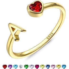 FIBO STEEL Initial Birthstone Rings for Women - 14K Gold Plated Sterling Silver Rings - Adjustable Stackable Dainty Gold Heart Cubic Zirconia Letter Ring Birthday Bridesmaid Gifts Jewelry