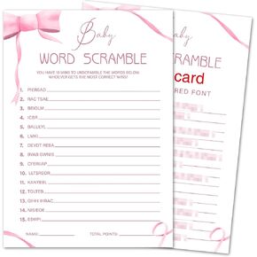 ألعاب Pink Bow Baby Shower Games ، Funny Baby Shower Games Party Scipies for 30 ضيفًا ، ألعاب استحمام الطفل للفتاة - Baby Word Scramble -P05