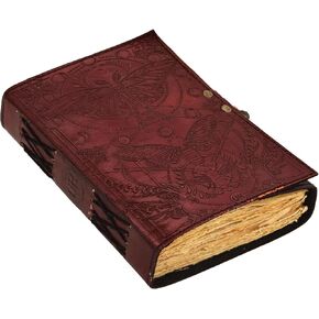 Blank Spell Book of Shadows Journal with Lock Clasp Vintage Handmade Leather Luna Moths and Morpho Butterfly Embossed Diary Prayer Pagan Witchcraft Supplies Wiccan Decor Notebook Daily 7X5)