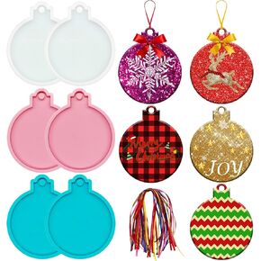 6 Pcs Christmas Ornament Resin Molds with 30 Pcs Ribbons Round Shape Silicone Casting Molds DIY Craft Supplies for Ornament Keychain Pendant Making