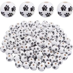100pcs 16 mm Paw Print Wood Beads Round Dog Paw Footprint Wooden Spacer Beads White Black Cute Craft Beads Accessories for DIY Jewelry Making Christmas Party Decoration