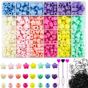 1531Pcs Candy Color Hair Beads for Braids Large Hole Acrylic Star Bead Heart Beads Pastel Beads Pony Beads Cute Kandi Beads for Hair Bracelets Jewelry Making with Elastic Rubber Band Threaders