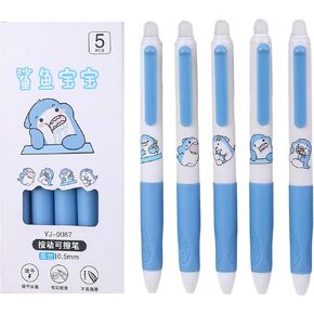 5 Pcs Erasable Gel Pens Erasable Retractable Pens Cute Pens Cartoon Shark Pens 0.5mm Blue Ink Pen Office School Pens Women Girls Boys Pens (Blue Ink-Shark)
