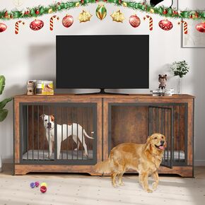 Rovibek Dog Crate TV Stand, 75 Inch, Double Dog Crate, Dog Crate Furniture for 2 Dogs, Dog Kennel Indoor with Double Doors, Dog Cage with Removable Divider for Large Medium Dogs, Brown