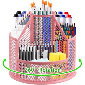 Sturdy Rotating Pen Holder, Cute Metal Pencil Holder, Large Mesh Pen Organizer for Desk, Premium Friendly Office Desk Accessories & Workspace Organizers, Sakura Pink