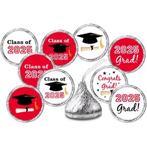 216 New Graduation Party Cap Class of 2025 Favor Kisses Stickers Labels Stickers. Grad Party Favor Decorations. Made in USA (red)