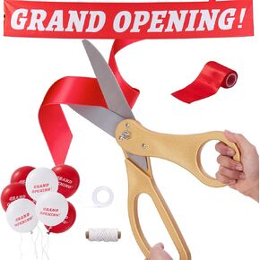 COMSIS Giant Ribbon Cutting Ceremony Kit 20" Giant Scissors Set Sharp, Gold Handled Durable XL Scissors, And 30 Feet Long 4" Wide Red Grand Opening Ribbon