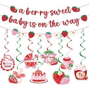 Strawberry Baby Shower Decorations - A Berry Sweet Baby Is on the Way Banner Decorations Cute Strawberry Shortcake Decorations Strawberry Sweet Baby Hanging Swirls Ceiling Decorations Girls