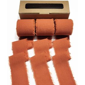 Terracotta Chiffon Ribbon 1.5" x 7 Yards, 3 Rolls Handmade Fringe Chiffon Silk Ribbons for Flower Bouquets, Wedding Invitations, Gift Wrapping, Bows Making, Baby Shower and Christmas Decorations