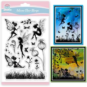 GLOBLELAND Fairy Clear Stamps Wildflowers and Grass Silhouette Silicone Clear Stamp Spring Elves Transparent Stamps for DIY Scrapbooking and Cards Making Photo Album Journal 6.3x4.33inch