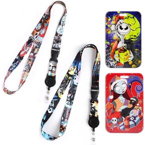 Skellington Christmas Horror Breakaway Retractable Lanyard with ID Holder（2 Pack）for Key String Wallet. Cartoon Accessories Decor Gifts Merch Party Supplies Keychain for Teens Teacher Office.