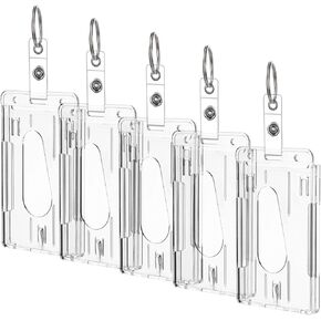cobee 5 Pack Hard Plastic Badge Holders with Keyring, Heavy Duty ID Card Holder Vertical Clear Card Protector Thumb Slot Keychain Card Case School Office Supplies