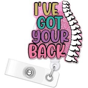 ERHACHAIJIA I've Got Your Back Retractable Pink Glitter Badge Reel with Alligator Clip, Funny Spine ID Card Badge Holder Gift for Nurses Doctors PT Physical Therapist Medical Work Chiropractor