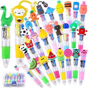 28PCS Fun Pens for Kids Multicolor Ballpoint Pen 4 Colors in One, Mini Cute Stationery Cartoon Animal 0.7mm Retractable Writing Pens for Party Favors School Supplies Students Rewards