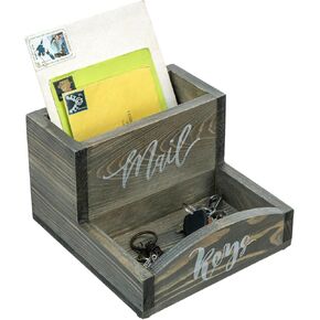 MyGift Urban Modern Mail Holder and Key Organizer Tray in Black Stained Solid Wood Finish, Entryway Storage Catchall with Cursive Mail and Keys Word Design, Office Desktop Organizing Bin