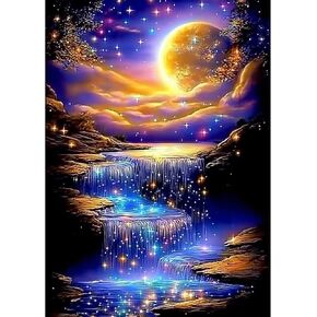 MXJSUA DIY Moon Diamond Painting Kits for Adults, Waterfall Diamond Gem Art Painting for Beginners, Diamond Picture with Full Round Drill Dots Craft Set Gift, 12 * 16 Inch