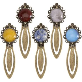 CHGCRAFT 5 Pc 5 Styles Bookmark Natural Gemstone Alloy Bookmark with Stone Antique Bronze Bookmark Note Clips Book Markers for Teachers Student Bookworm Gift