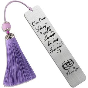 DYJYBMY Our Love Story Will Always Be My Favorite Engraved Metal Bookmark, Inspirational Love Quotes Bookmarks for Couple, Wedding Anniversary Bookmark Gifts for Wife Husband, Wedding Party Gifts