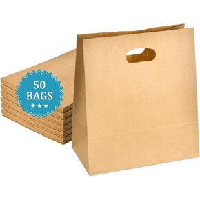 COGLARING 50Pcs 11x6x11 Brown Kraft Paper Bags with Handles, Die Cut Tote Bulk for Retail Shopping Takeout Bakery Gift Bags