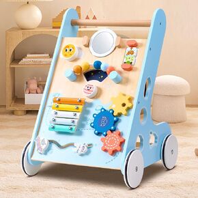 Wooden Baby Walker Push and Pull Learning Activity Walker, Baby Push Walker for Boys and Girls, Walker Toys with Montessori Inspired Interaction for 1 Year Old Baby Activity Center, Blue