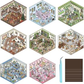 DIY 3D House Scene Stickers - 8 Sets 8 Theme, Children Adult Miniature Scene Stickers Set with 1 Tweezers & 8 Magnetic Stickers, Cute Cartoon Sticky Pack for Adult Kids Relief Stress Pass Gifts Set