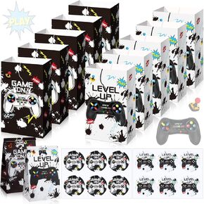GeoSar 30 PCS Video Game Party Bags Gamer Myse Gift Fags Party Party Favors مع 30 ملصقًا قابلاً بإعادة الاستخدام Goodie Treats Candy Snacks Paper Supplies for Boys Kids Birthday Gift Decorations (Blue)