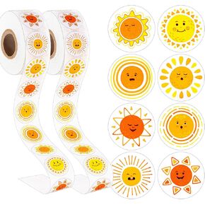 2 Rolls 1000 Pcs Sun Stickers for Kids, 1 Inch Waterproof Sunshine Stickers in 8 Cute Designs, First Trip Around The Sun Decorations for Boys Girls Birthday Party Favors