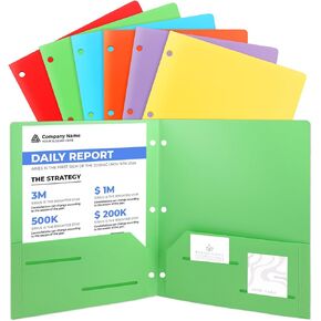 6 Pack Plastic Folders with Pockets, 2 Business Card Holders and 3 Prongs, 6 Colors Durable Plastic File Folders Letter Size for School Classroom Office Business Home