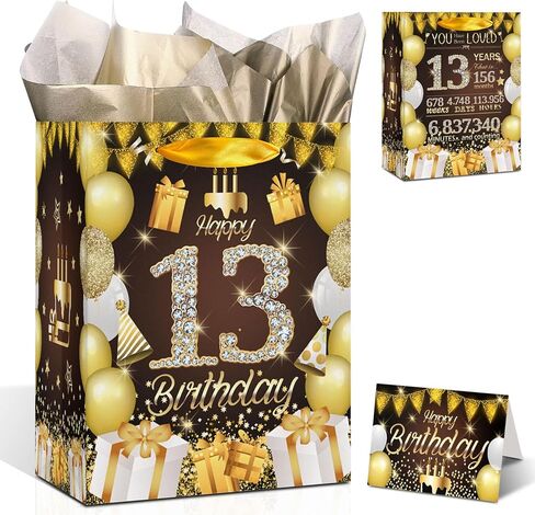 GGJGRPX Happy 13th Birthday Party Gift Bag ، 13th Sweet Birthday Decorations for Girls Boy Teen ، Favors Favors Wrapp Bag Suppies ، Withirs Birthday Gover Black Gold Bag Back Back in Kuwait