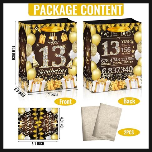 GGJGRPX Happy 13th Birthday Party Gift Bag ، 13th Sweet Birthday Decorations for Girls Boy Teen ، Favors Favors Wrapp Bag Suppies ، Withirs Birthday Gover Black Gold Bag Back Back in Kuwait