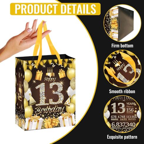 GGJGRPX Happy 13th Birthday Party Gift Bag ، 13th Sweet Birthday Decorations for Girls Boy Teen ، Favors Favors Wrapp Bag Suppies ، Withirs Birthday Gover Black Gold Bag Back Back in Kuwait