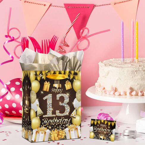GGJGRPX Happy 13th Birthday Party Gift Bag ، 13th Sweet Birthday Decorations for Girls Boy Teen ، Favors Favors Wrapp Bag Suppies ، Withirs Birthday Gover Black Gold Bag Back Back in Kuwait