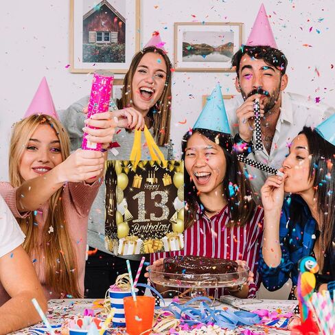 GGJGRPX Happy 13th Birthday Party Gift Bag ، 13th Sweet Birthday Decorations for Girls Boy Teen ، Favors Favors Wrapp Bag Suppies ، Withirs Birthday Gover Black Gold Bag Back Back in Kuwait
