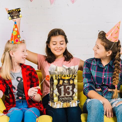 GGJGRPX Happy 13th Birthday Party Gift Bag ، 13th Sweet Birthday Decorations for Girls Boy Teen ، Favors Favors Wrapp Bag Suppies ، Withirs Birthday Gover Black Gold Bag Back Back in Kuwait