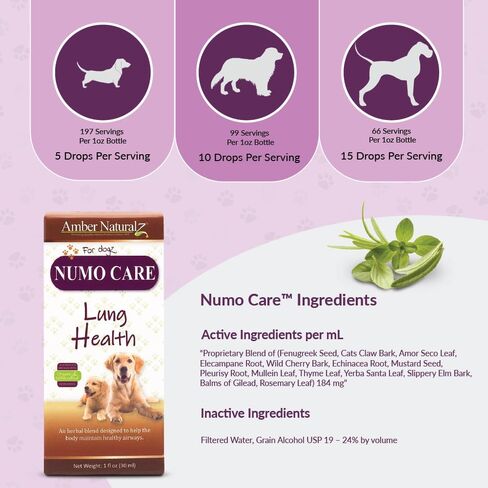 Amber Naturalz Numo Care Lung Health Amblement for Dogs | ملحق الكلاب العشبية لدعم الشعب الهوائية وصحة الرئة التنفسية | 1 زجاجة زجاجية أوقية السائل | تم تصنيعها في الولايات المتحدة in Kuwait