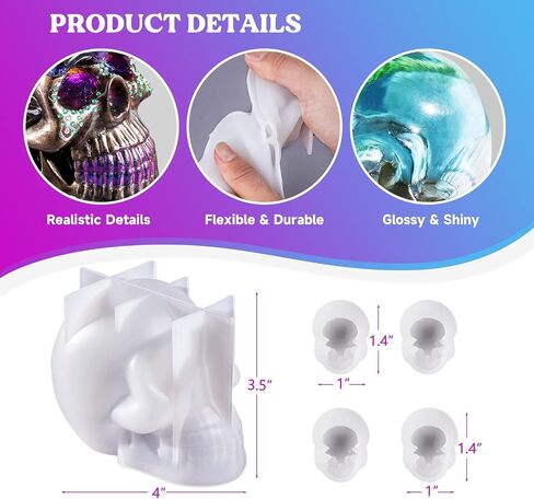 LET'S RESIN Resin Molds Silicone, 1 Pc Large Silicone Skull Epoxy Molds with 4 Pcs Small Skeleton Epoxy Resin Molds for Resin Casting Art Crafts, Candle Making, Home Decor, Pendants, Keychains in Saudi Arabia